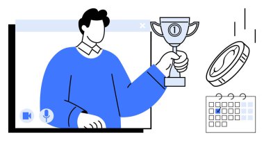 Arkasında takvim ve para olan bir video görüşmesi sırasında elinde bir kupa tutan kişi. Uzaktan çalışma, başarı, takdir, başarı, üretkenlik, zaman yönetimi ödülleri için ideal. Temiz