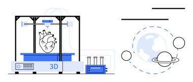 İnsan kalbi üreten 3D yazıcı, yakın çevredeki laboratuvar aletleri, Dünya ve gezegenler hassasiyeti, bilimi ve teknolojiyi temsil ediyor. Yenilik, sağlık, araştırma, eğitim gelecekçiliği için ideal