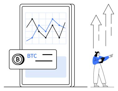 Bitcoin fiyat tablosunu büyüme eğilimleriyle gösteren akıllı telefon. Verileri analiz eden kadın. Fintech, kripto para birimi, yatırımlar, dijital pazarlama, finansal uygulamalar, ticaret platformları için ideal