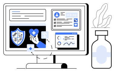Bilgisayar ekranında tıbbi sigorta kalkanı, sağlık verileri, hasta profili ve analitik görüntüler var. Sağlık, sigorta, tıbbi kayıtlar, analitik, sağlık uygulamaları için ideal dijital araçlar