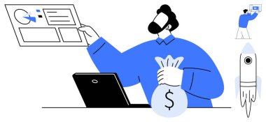 Elinde para çantası olan, iş verilerini inceleyen ve grafiği gösteren bir adam. Küçük roket büyümeyi ön plana çıkarıyor. Girişimler için ideal, yenilik, finans, iş planlaması, strateji analizleri basit