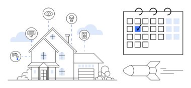 Akıllı ev sistemlerine bağlı modern ev, işaretli tarihli takvim ve hızlı hareket eden roket. Teknoloji, programlama, yenilik, hız, bağlantı, modernizasyon dairesi için ideal