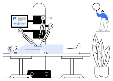 Hayati monitörü olan bir hastaya ameliyat yapan robot kollar, tıbbi profesyonel balon, yakınlarda saksı bitkisi. Sağlık, yenilik, robot bilimi, ameliyat, yapay zeka ve teknoloji için idealdir.