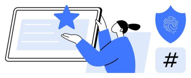 Bir yıldız, üzerinde parmak izi olan bir kalkan ve meta veri etiketi olan büyük ekrana doğru uzanan kişi. Uygulama arayüzleri, teknoloji, yenilik, güvenlik, veri, UX tasarımı için ideal basit iniş