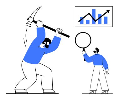 Kazmalı işçi madenciliği, büyüteçle analiz yapan takım arkadaşı, yükselen grafikler. Takım çalışması, veri madenciliği, büyüme, problem çözme, finans, strateji basit iniş sayfası için ideal