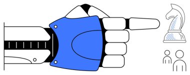 Robot eller satranç şövalyesini işaret ediyor, yapay zeka güdümlü stratejiyi, oyun oyununu, liderliği, takım çalışmasını, teknolojiyi sembolize ediyor. Yenilik için ideal, karar analizi, problem çözme süreci basit