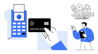 Ödeme terminali ekranında el ele tutuşan kredi kartı, makbuz, panoda çalışan, çiçek açan bir profesyonel. Finans, ödeme, teknoloji, perakende büyüme ekibi çalışması için ideal. Modern