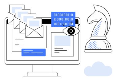 E- posta iletilerini gösteren bilgisayar ekranı, ikili kod ve izlemeyi temsil eden bir göz simgesi. Satranç şövalyesi stratejik planlama öneriyor. Siber güvenlik, veri koruması, e-posta güvenliği için ideal