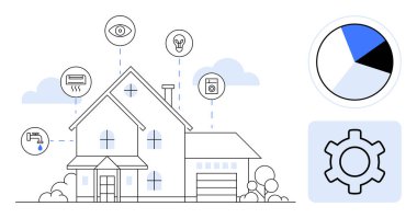 Bağlı cihazları olan ev, kontrol simgeleri, pasta grafiği, bulut. Teknoloji, IoT, enerji verimliliği, veri analizi, ev güvenliği basit iniş sayfası için ideal