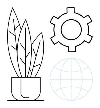 Bitki, dişli ve küresel çizgiler büyümeyi, yaratıcılığı ve küresel bağlantıyı sembolize ediyor. İş dünyası için ideal, çevre dostu temalar, işbirliği, sürdürülebilirlik web çözümleri yeniliği