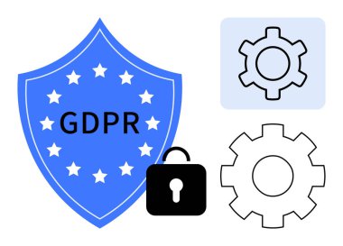 GDPR mesajı ve yıldızlı mavi kalkan, güvenlik kilidi ve konfigürasyonu sembolize eden vites. Gizlilik politikası, veri güvenliği, hukuki danışma, uyum, teknoloji, siber güvenlik için ideal