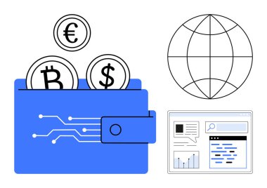 İçinde Bitcoin, Euro ve Dolar bozuklukları olan mavi cüzdan. Şebeke küresi ve analitik arayüz küresel finans, kripto para birimi ve veri içgörüsünü sembolize etmektedir. Fintech, bankacılık, şifreli e-ticaret için ideal