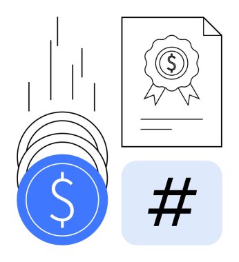 Hareketli sikkeler, rozetli ve dolar işaretli mali sertifika, parlak bir kutuda meta veri etiketi. Fintech, dijital para birimi, bankacılık, engelleme zinciri, yatırımlar, sertifika sade iniş için ideal