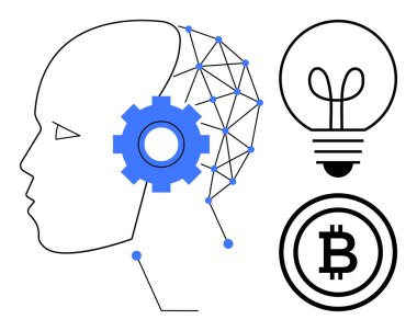 Sinir ağı ve donanıma sahip insan kafası, yenilik için ampul, engelleme zinciri için Bitcoin. Yapay zeka, kripto para, teknoloji, yenilik, fintech yaratıcılık dijital trendleri için idealdir. Düz basit