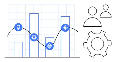 Mevsimlik simgelerle bar tablosu, moda örtüşmeleri, kullanıcı simgeleri ve vites sembolleri. Analiz için ideal, takım çalışması, iş stratejisi, rapor görselleri, mevsimsel içgörü süreci basit iniş sayfası