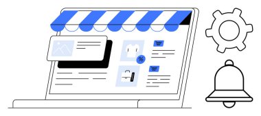 Dizüstü bilgisayar ekranında mağaza önü, indirim etiketleri, ürün simgeleri ve vites ve çan simgeleriyle birlikte bir e-ticaret sitesi gösteriliyor. E-ticaret, dijital pazarlama ve alışveriş için ideal