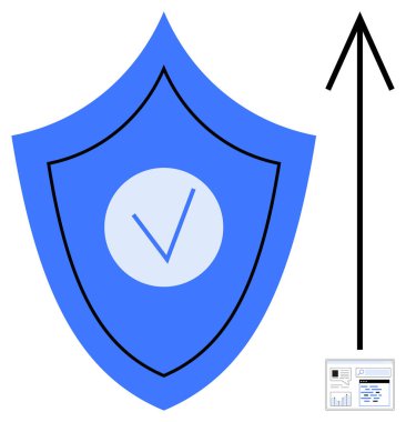 İşaretli mavi kalkan, yukarı doğru siyah ok ve küçük belge simgesi. Güvenlik, büyüme, ilerleme, teknoloji, başarı, gelişim için ideal basit bir iniş sayfası