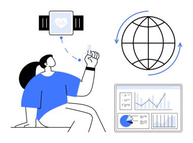 Sağlık verilerini gösteren akıllı bir kaset, küresel eğilimleri sembolize eden bir küre ve grafikli analitik paneli kullanan bir kadın. Sağlık teknolojisi, teletıp, küresel bağlantı, fitness için ideal