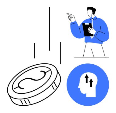 Yukarı doğru çizgileri olan sikke, panoyu gösteren adam ve amaçları temsil eden beyin grafiği. Yatırım, strateji, liderlik, başarı, büyüme yenilik ekonomisi için idealdir. Modern düz basit