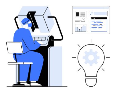 Gelişmiş makine arayüzü üzerinde çalışan mühendis, yanında veri grafikleri, kod parçaları ve yeniliği temsil eden dişli bir ampul ile birlikte. Teknoloji, mühendislik ve analitik için ideal