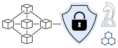 Düğümleri birbirine bağlayan blok zinciri, siber güvenlik için asma kilit, strateji için satranç şövalyesi, ve yenilik için molekül yapısı. Engelleme zinciri, güvenlik, strateji ve yenilik için ideal