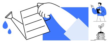 Elle büyüyen bir bitkinin tepesine su dökülüyor. Paralar üst üste istiflenmiş, profesyonel bir şirket çalışanı tarafından tamamlanmış, pano tutuyor. Büyüme, yatırım, sürdürülebilirlik, iş stratejisi ve akıl hocalığı için ideal