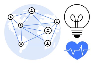 Dünyanın dört bir yanındaki insanlar bir ampul ve kalp ve nabzı olan bir sağlık ile yeniliğin altını çiziyorlar. İşbirliği, teknoloji, fikirler, sağlık, iletişim, takım çalışması için ideal