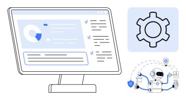 Bilgisayar ekranı veri göstergesi, robot işletim görevleri. Otomasyon, yapay zeka, veri analizi, siber güvenlik, iş akışı, makine eğitimi, basit iniş sayfası için ideal