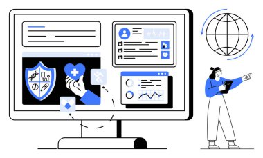 Bilgisayar ekranında sağlık verileri, simgeler, kullanıcı profilleri ve analitikler gösterilir. Kadın figürü küresel bağlantıyı gösteren bir tablet tutuyor. Çevrimiçi sağlık, teknoloji ve eğitim için ideal