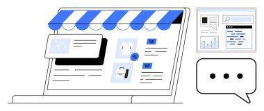 Ürün listeleri, indirimli teklifler ve alışveriş arabaları olan bir dizüstü bilgisayarda dijital vitrin. Analitik gösterge paneli ve kullanıcı etkileşimleri için sohbet balonu. E-ticaret, pazarlama, perakende, satış için ideal