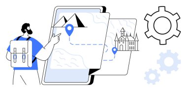 Sırt çantasında tablet kullanarak tarihi noktalar, dağlar ve bir şato bulunan dijital bir haritayı keşfediyor. Seyahat, navigasyon, turizm, dijital planlama, macera, güzergah haritalama için ideal