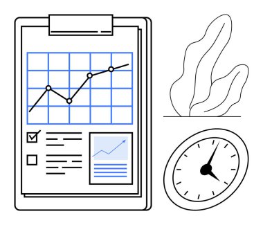 Panodaki çizelgede kontrol listesi, grafikler, analog saat ve soyut yaprak var. Üretkenlik, planlama, zaman yönetimi, iş büyümesi, analiz, basit bir iniş sayfası bildirmek için ideal