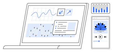 Bilgisayarda veri tabloları, grafikler ve görev listesi var. Yanında da bir akıllı telefon ve bir uygulama var. Üretkenlik, teknik yenilik, işletme yönetimi, veri görselleştirme, uygulama tasarımı, kullanıcı