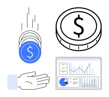 Birikmiş bozuk paralar, ekranda analitik grafikler ve düşen paraları yakalayan bir el. Finans, ekonomi, yatırım, e-ticaret, teknoloji, bankacılık çözümleri için ideal basit iniş sayfası