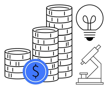 Dolar simgesi olan bozuk para yığınları, yeni fikirler veya yenilikler sergileyen ampul ve araştırma ya da analizi sembolize eden bir mikroskop. Finans, yatırım, yenilik, eğitim ve bilim için ideal