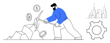 Ekonomik madenciliği, endüstriyel işleri ve iş büyümesini temsil eden madeni paraları çıkarmak için kazmayla taş kıran bir adam. Finans, yatırım, engelleme zinciri, teknoloji, iş gücü ve ekonomi için ideal