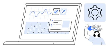 Çizelgeleri, grafikleri ve analitik arayüzü gösteren dizüstü bilgisayar. Sistem optimizasyonu ve yaratıcı düşünme metaforu için teçhizat içerir. Veri yönetimi, teknolojik yenilik ve web kavramları için ideal