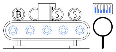 Dolar ve bitcoin bozukluklu taşıma bandı, motor dişlileri, veri şeması ve büyüteç. Fintech, kripto para birimi, finansal analiz, süreç otomasyonu, teknolojiye dayalı kararlar için ideal