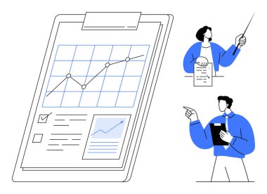 Grafikleri ve istatistikleri olan panolar, strateji ve analizi tartışan profesyoneller. Takım çalışması, veri analizi, karar verme, pazarlama, iş büyümesi, toplantılar, düz bir metafor için ideal