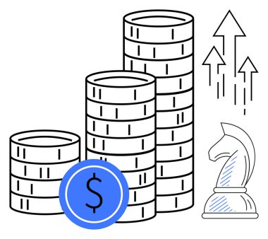 Bir yığın bozuk para ve serveti simgeleyen mavi dolar işareti. Şövalye taşı stratejiyi simgeler ve yukarı ok da büyümeyi simgeler. Finans, yatırım, iş planlaması, tasarruf ve ekonomi için ideal