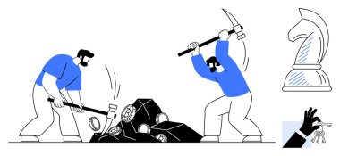 Mücevherleri ortaya çıkarmak için taşları kıran iki kişi, stratejiyi sembolize eden satranç taşı, başarının anahtarı. Takım çalışması, planlama, liderlik, strateji, sorun çözme için ideal