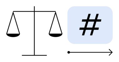 Mavi bir kare ve yön oku içinde bir üstveri etiketinin yanında denge ölçekleri. Hukuk, teknoloji, adalet, sosyal meseleler, eşitlik, karar verme, sade iniş sayfası için ideal