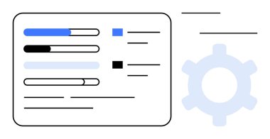 Etkileşimli ilerleme çubukları, onay kutuları ve proje kontrolleri, görev izleme ve sistem optimizasyonu ayarlarını temsil eden bir dişli simgesi. Çalışma akışı, organizasyon, üretkenlik ve veri için ideal
