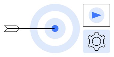 Oynatma düğmesi ve teçhizatın yanında dairesel hedefin ok delici merkezi. Strateji için ideal, odaklanma, hedef belirleme, başarı, üretkenlik, planlama, basit iniş sayfası