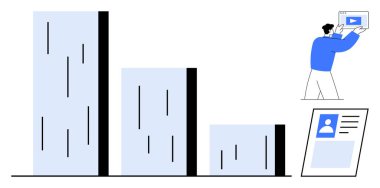 Ortam içeriği tutan kişi, veri karşılaştırmasını temsil eden bar şeması, kimlik için profil kartı. Veri görselleştirme, içerik oluşturma, analitik, pazarlama, araştırma, sosyal medya için ideal