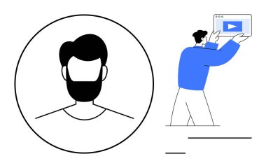 Bir daire içinde siyah-beyaz avatar ve elinde video oynatıcı sekmesi tutan mavi giyen biri. Kullanıcı profili kurulumu, çevrimiçi kimlik, video oluşturma, öğretim programları, öğrenme platformları, takım çalışması, basit