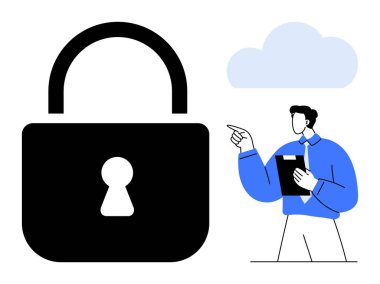 Büyük asma kilit, elinde belgeleri tutan ve bulutu işaret eden profesyonel bir adamı sembolize ediyor. Teknoloji, siber güvenlik, gizlilik, veri güvenliği, bulut depolama, bilişim çözümleri için ideal