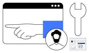 Tarayıcı penceresine, profil avatarına, anahtar anahtarına ve kullanıcı rehberliğini, teknik desteği, web sitesi araçlarını, bakım ve veri analizini temsil eden veri paneline el işareti. Hizmet platformu içeriği için ideal
