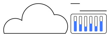 Çubuk grafikleri ve analitik elemanları olan bir veri panelinin yanında bulut şekli. Teknoloji, bulut depolama, veri izleme, analitik, performans raporları, büyük veri yönetimi ve basit bir