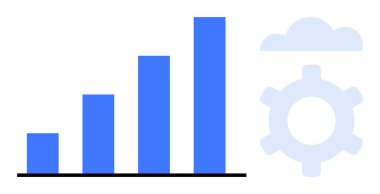 Yukarı doğru eğilimi gösteren mavi çizgili grafik, büyümeyi simgeliyor, vites ve bulut elementlerinin yanında, teknolojiyi, sistem optimizasyonunu ve bulut temelli çözümleri temsil ediyor. Analiz ve strateji için ideal
